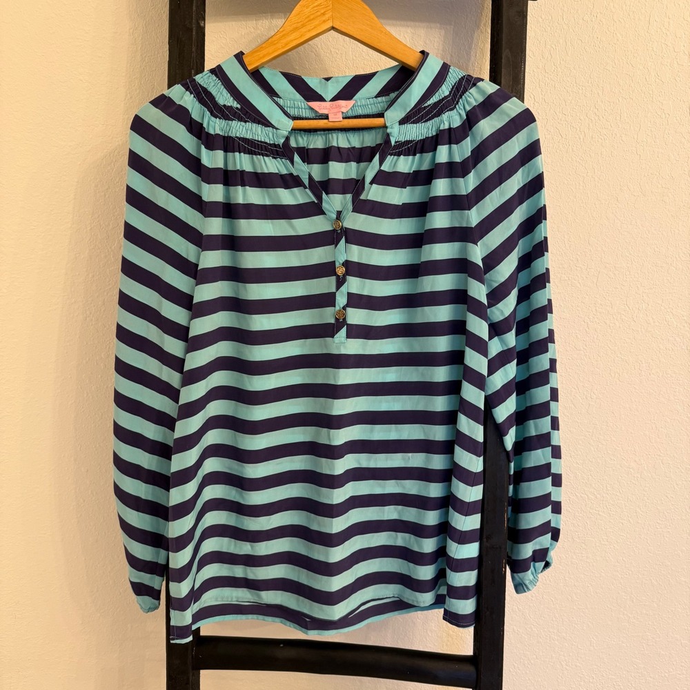 Lilly Pulitzer‎ Striped Long Sleeve Blouse Top Button Detail Teal Navy